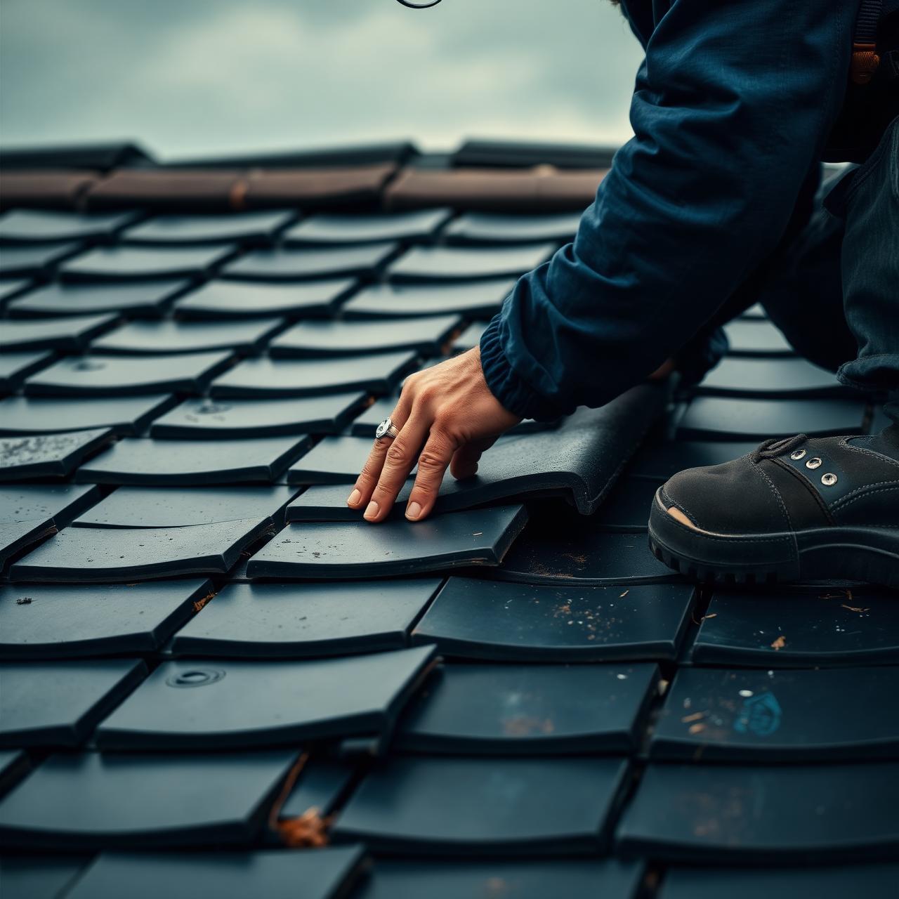 Skilled roofer installing slate tiles